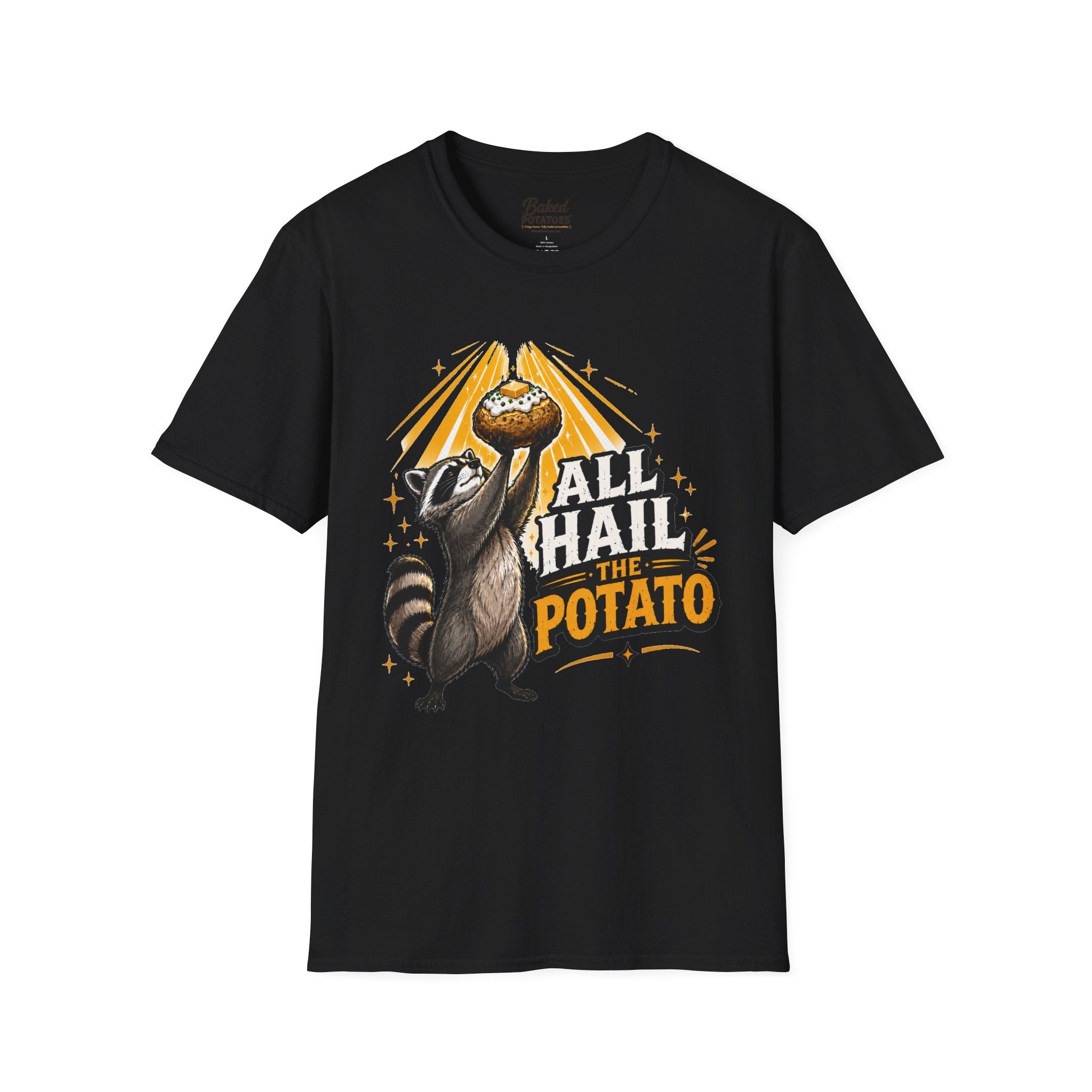 All Hail the Potato T-Shirt | Raccoon Holding Baked Potato Design