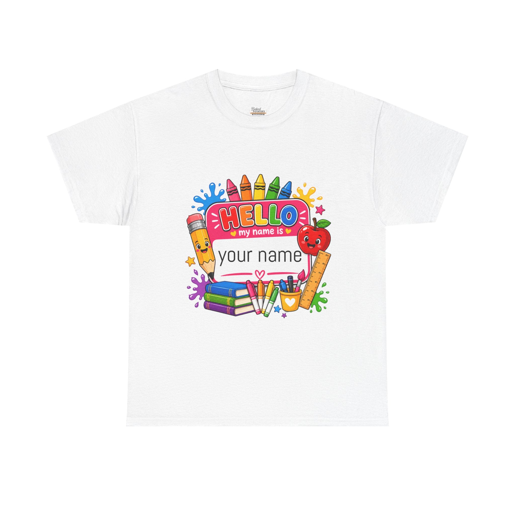 Personalized Teacher Back to School Shirt, Hello My Name Is Tee, Custom Teacher Name Tag Shirt, Bright School Supplies Tee Gift for Teachers