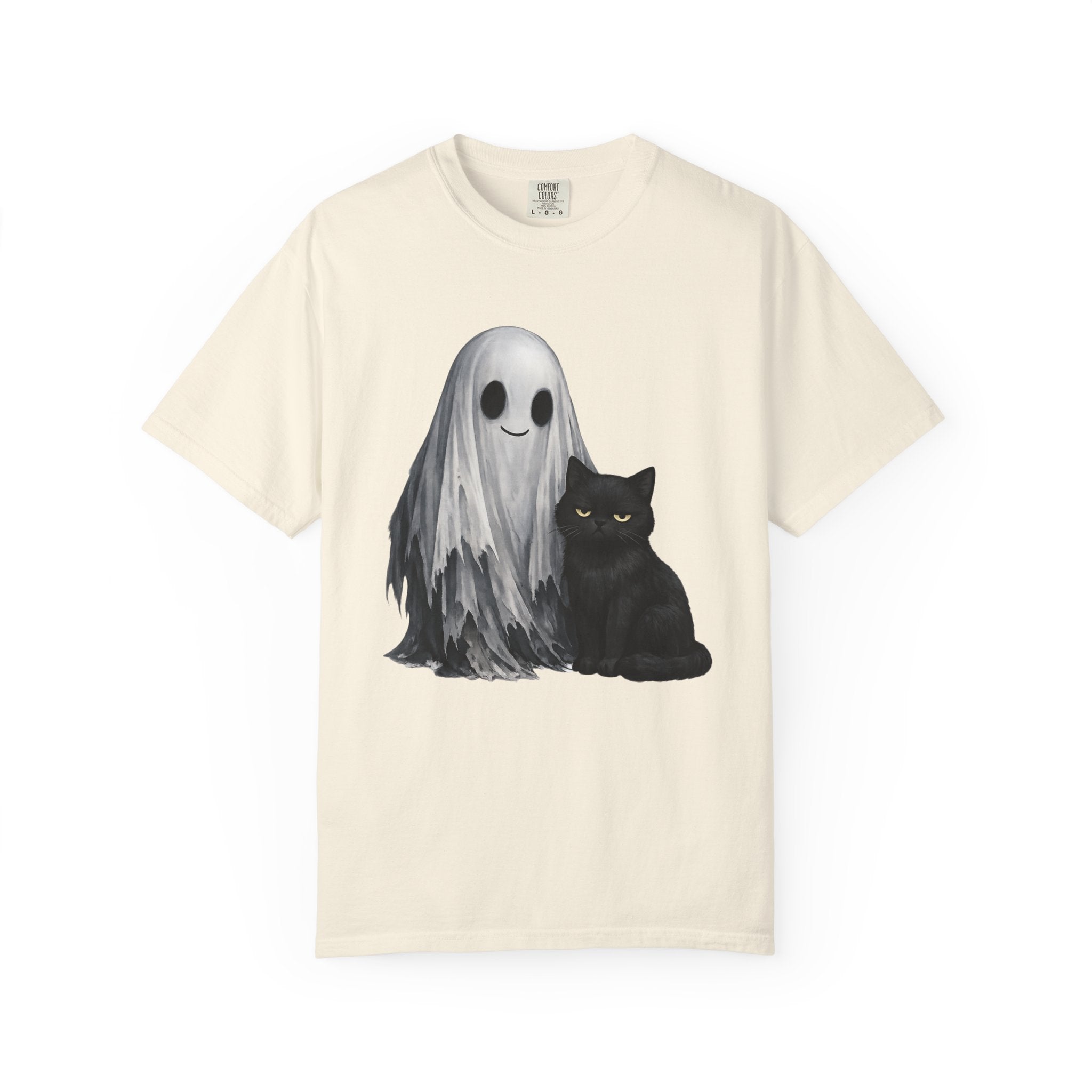 Ghost and Black Cat T-Shirt Cute Halloween Spirit Tee meh cat and smiling ghost shirt