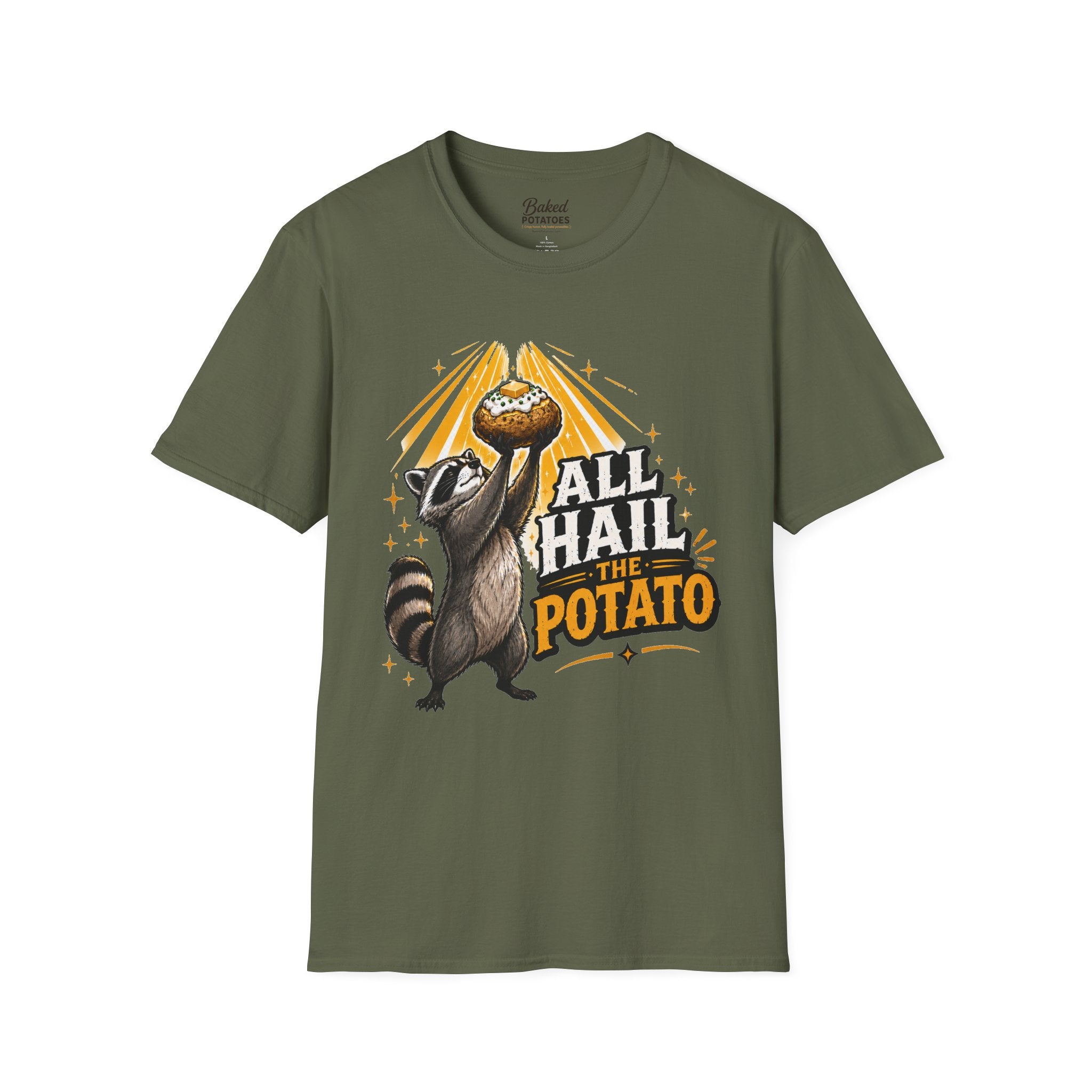 All Hail the Potato T-Shirt | Raccoon Holding Baked Potato Design