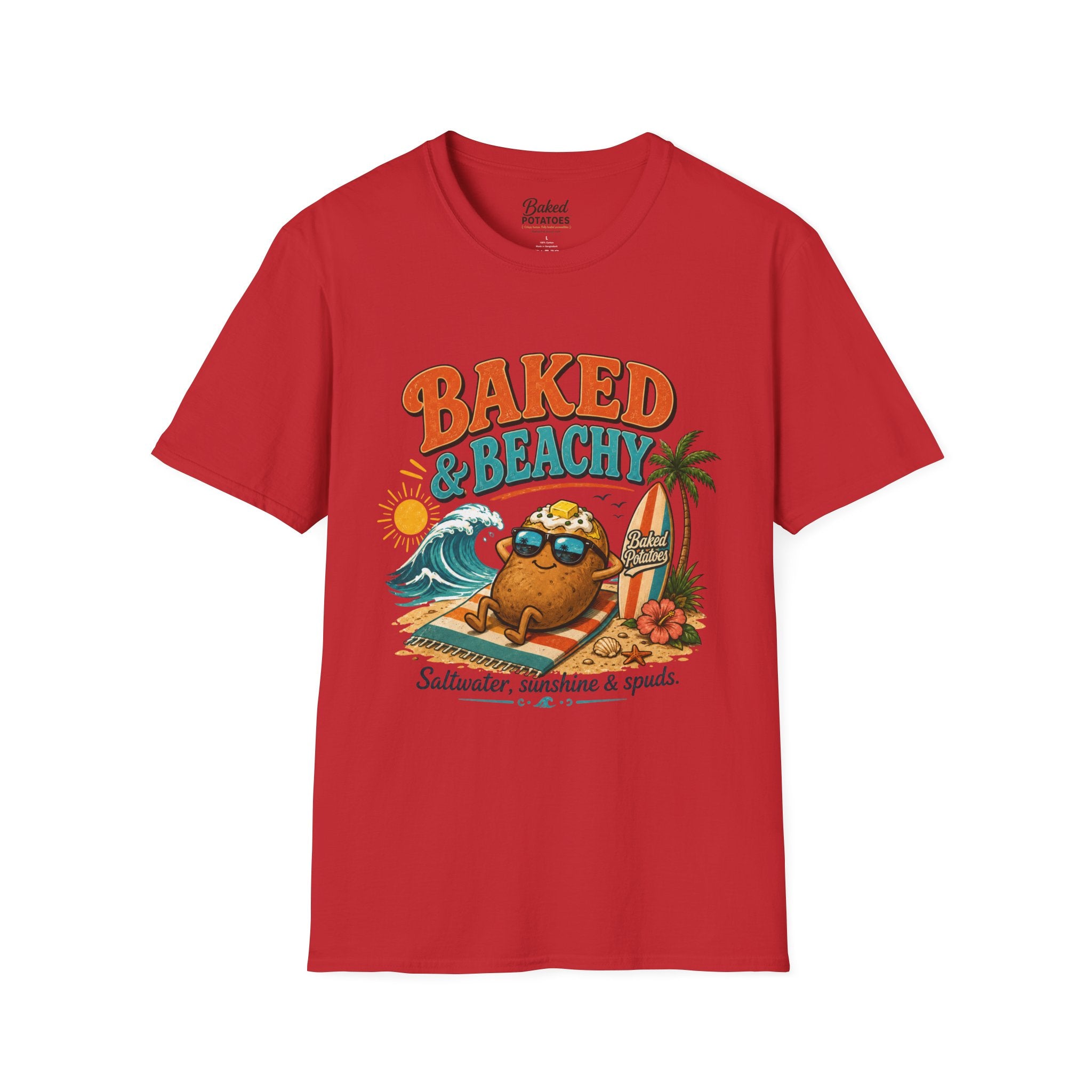 Beach T-Shirt "Baked and Beachy" | Beach Potato Graphic, Palm Tree, Sun, Relaxed