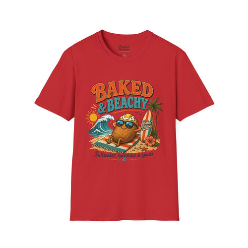 Beach T-Shirt "Baked and Beachy" | Beach Potato Graphic, Palm Tree, Sun, Relaxed